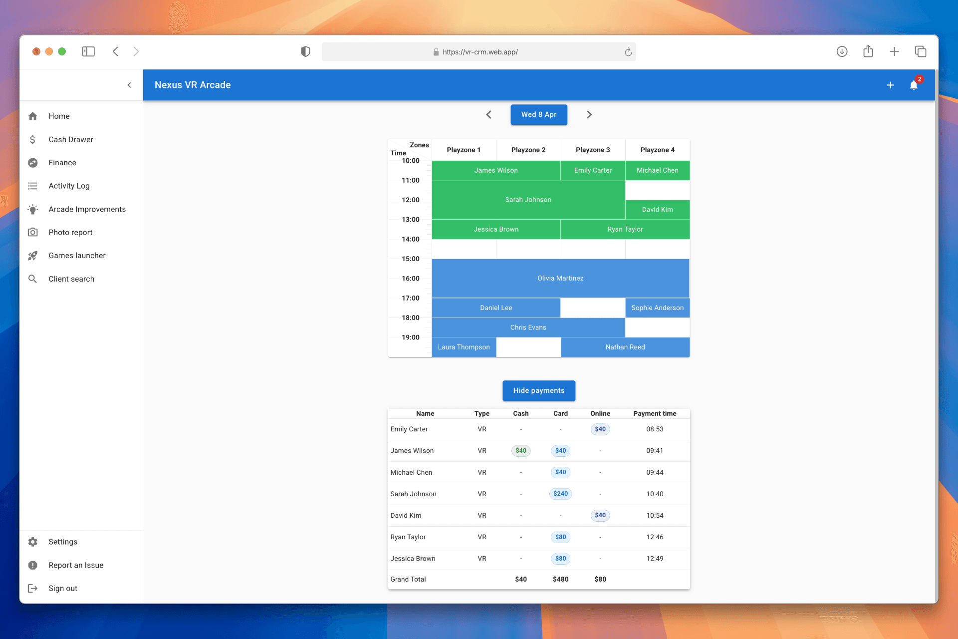 VR-CRM Dashboard showing booking management and analytics